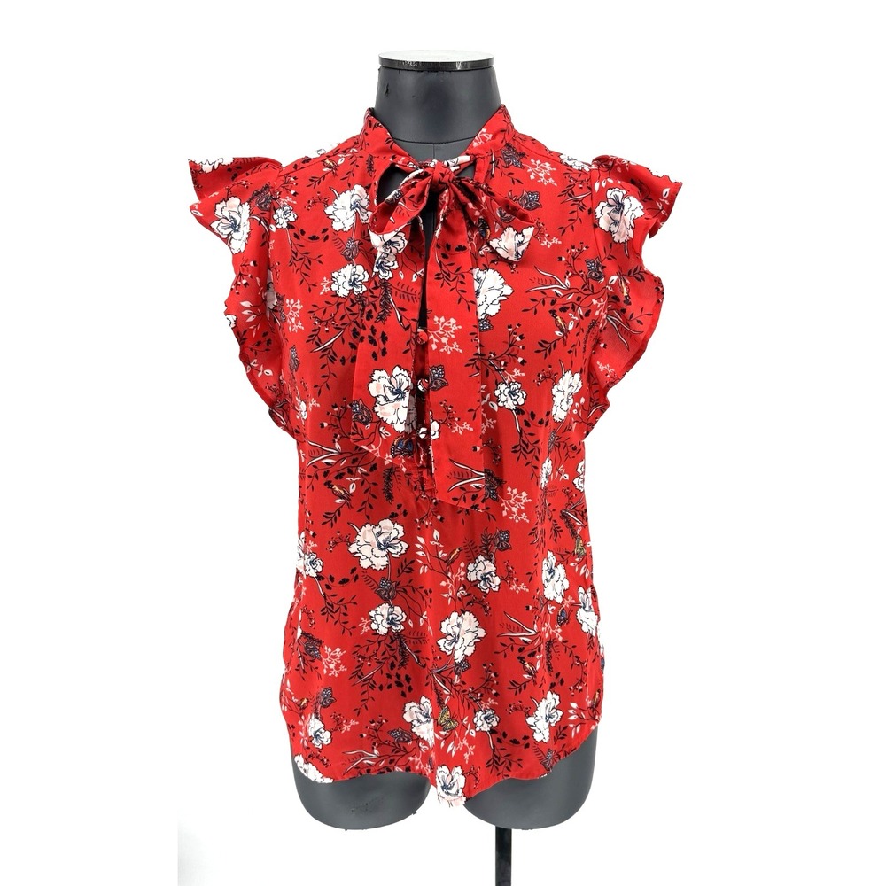 Red Floral Tie Neck Blouse Ruffle Cap SLeeve Lightweight Top XS